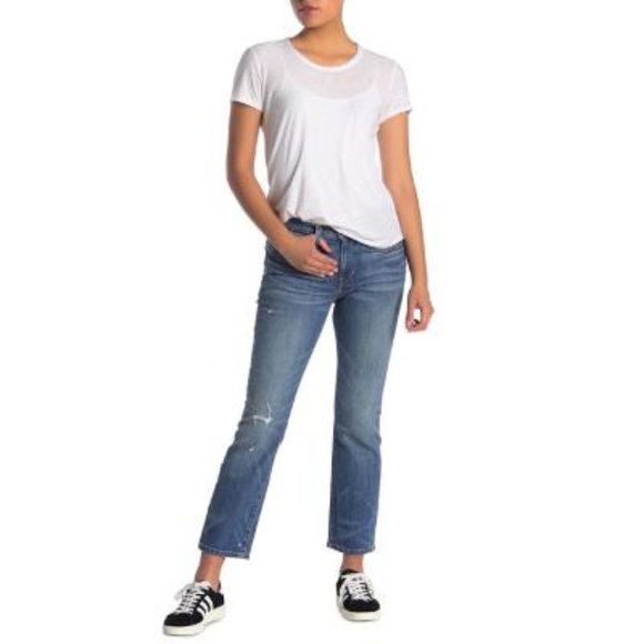 Frye Womens Medium Wash Distressed Cropped Kick Baby Bootcut Jeans Sz 28 NWT - Picture 4 of 9